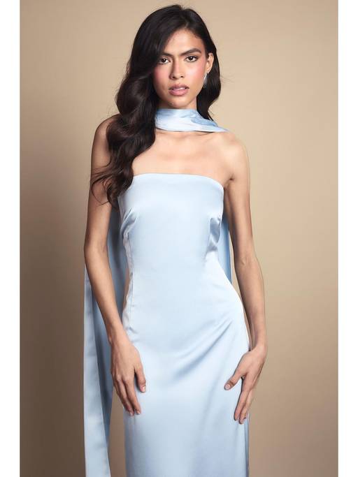Buy Oasis Light Blue Bandeau Satin Bridesmaid Maxi Dress With Scarf (8) Online