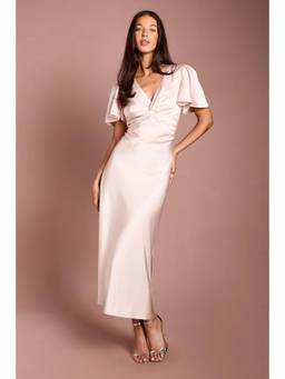 Oasis - Blush Satin Twist Front Angel Sleeve Midi Bridesmaid Dress