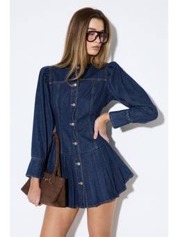 Misspap - Premium Denim Pleat Hem Balloon Sleeve Dress