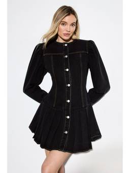 Misspap - Premium Denim Pleat Hem Balloon Sleeve Dress