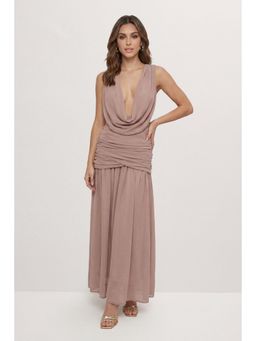Misspap - Draped Neckline Chiffon Maxi Dress