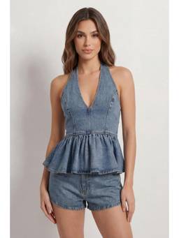 Misspap - Peplum Hem Denim Top