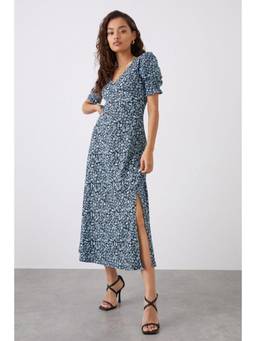 Dorothy Perkins - Petite Blue Floral V Neck Jersey Midi Dress