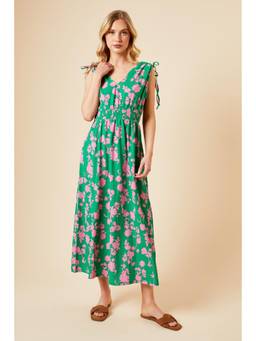 Dorothy Perkins - Green Floral Tie Shoulder Shirred Waist Jersey Midi Dress