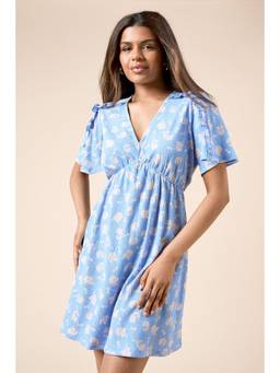 Dorothy Perkins - Petite Blue Ditsy Frill Detail Angel Sleeve Mini Dress