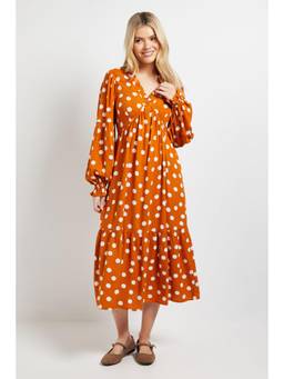 Dorothy Perkins - Orange Spot Empire Seam Frill Detail Midi Dress