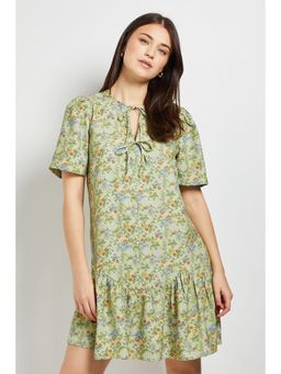 Dorothy Perkins - Green Floral Tie Detail Drop Hem Printed Mini Dress