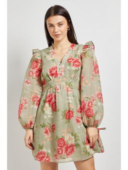 Dorothy Perkins - Green Floral Printed Frill Detail Blouson Sleeve Mini Dress