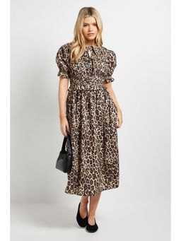 Dorothy Perkins - Leopard Tie Front Frill Sleeve Printed Poplin Midi Dress