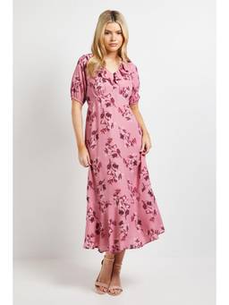 Dorothy Perkins - Pink Floral Frill Neck Puff Sleeve Midi Dress
