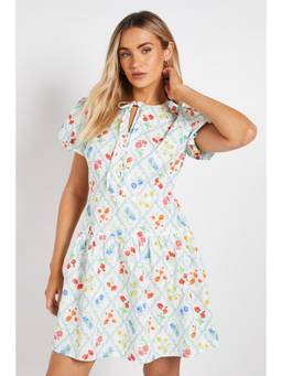 Dorothy Perkins - Tie Front Button Detail Puff Sleeve Mini Dress