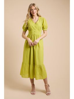 Dorothy Perkins - Broderie Lace Trim Puff Sleeve Tiered Poplin Midi Dress