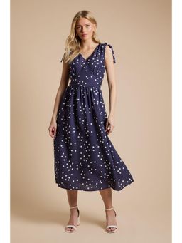 Dorothy Perkins - Navy Spot Drawstring Shoulder V Neck Midi Dress