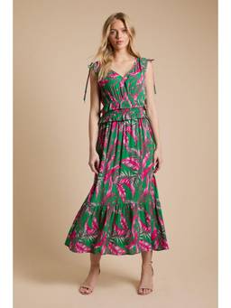Dorothy Perkins - Green Palm Tie Detail Frill Waist Midi Dress
