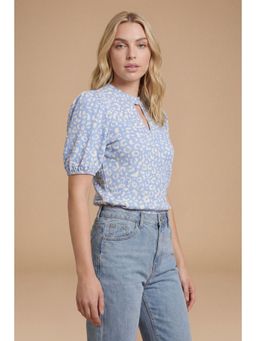 Dorothy Perkins - Blue Leopard Keyhole Neck With Puff Sleeve Top