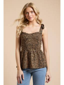 Dorothy Perkins - Leopard Tie Shoulder Shirred Bodice Peplum Top