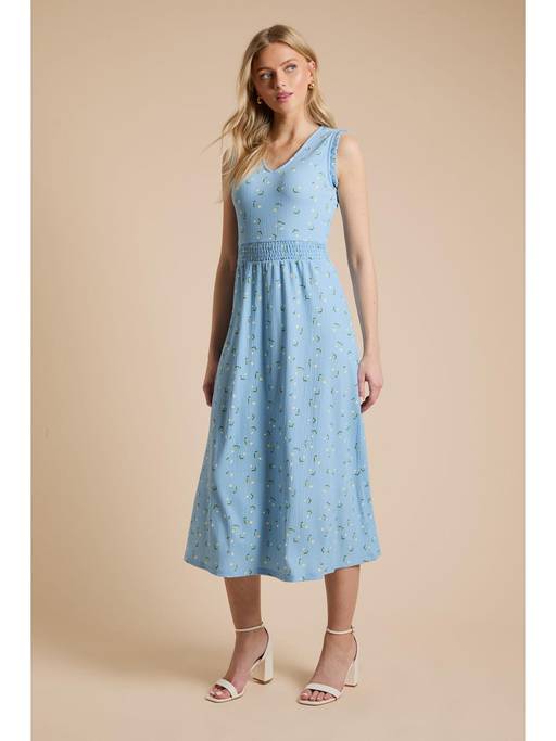 Buy Dorothy Perkins Blue Ditsy V Neck Shirred Waist Printed Jersey Midi Dress (8) Online