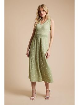 Dorothy Perkins - Green Spot V Neck Shirred Waist Printed Jersey Midi Dress