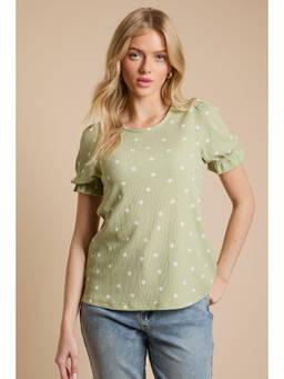 Dorothy Perkins - Green Spot Printed Jersey Puff Sleeve Top