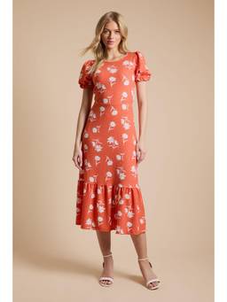 Dorothy Perkins - Daisy Frill Neck Puff Sleeve Printed Jersey Midi Dress