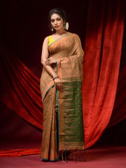 CHARUKRITI - Sandcastle Beige Cotton Woven Ethnic Motifs & Temple Borders Saree with Unstitched Blouse