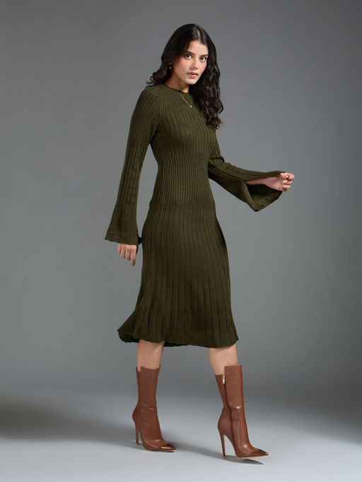 Buy Twenty Dresses by Nykaa Fashion Olive Green Textured Fit and Flare Midi Sweater  Dress Online
