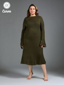 Twenty Dresses by Nykaa Fashion - Curve Olive Green Textured Fit and Flare Midi Sweater Dress