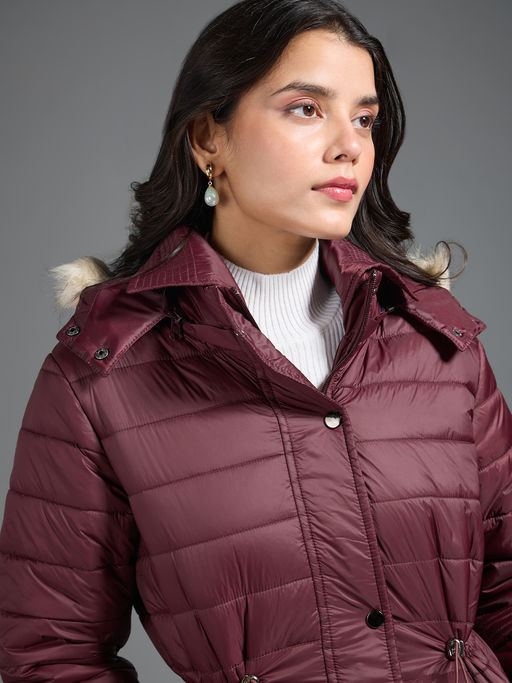 Fur Hood Maroon Padded Jacket Twenty Dresses By Nykaa Fashion Wine
