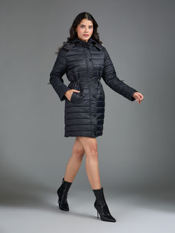 Twenty Dresses by Nykaa Fashion - Black Solid Fur Hood Longline Quilted Puffer Jacket