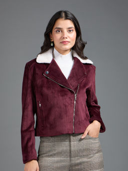 Twenty Dresses by Nykaa Fashion - Wine Solid Notch Collar Biker Jacket