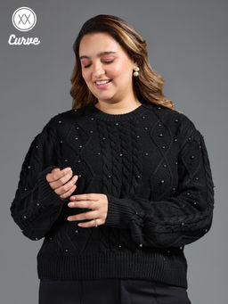 Twenty Dresses by Nykaa Fashion - Curve Black Pearl Embellished Crew Neck Sweater Top