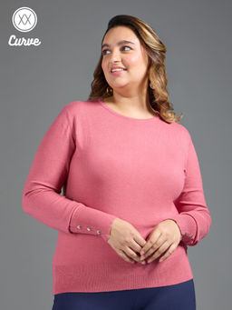 Twenty Dresses by Nykaa Fashion - Curve Coral Solid Buttoned Cuffs Sweater Top