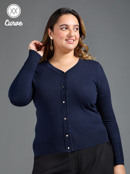 Twenty Dresses by Nykaa Fashion - Curve Navy Blue Solid V Neck Buttoned Sleeves Cardigan