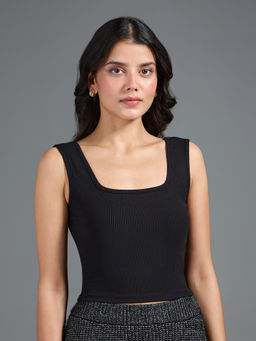 Twenty Dresses by Nykaa Fashion - Basics Black Solid Square Neck Sleeveless Ribbed Top