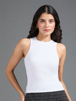 Twenty Dresses by Nykaa Fashion - Basics White Solid Round Neck Sleeveless Ribbed Tank Top
