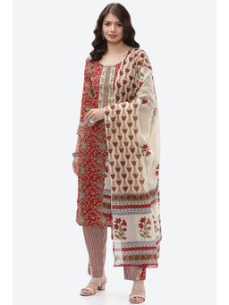 Biba - Red Cotton Unstitched Suit (Set of 3)