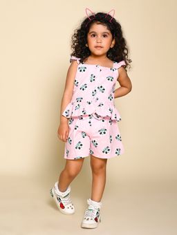 Lil Pitaara - Sleeveless Pure Cotton Panda Print Co-ord Shorts Set- Pink (Set of 2)