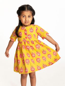 Campana - Girls Zoe Dress - Big Lotus Print - Yellow & Pink
