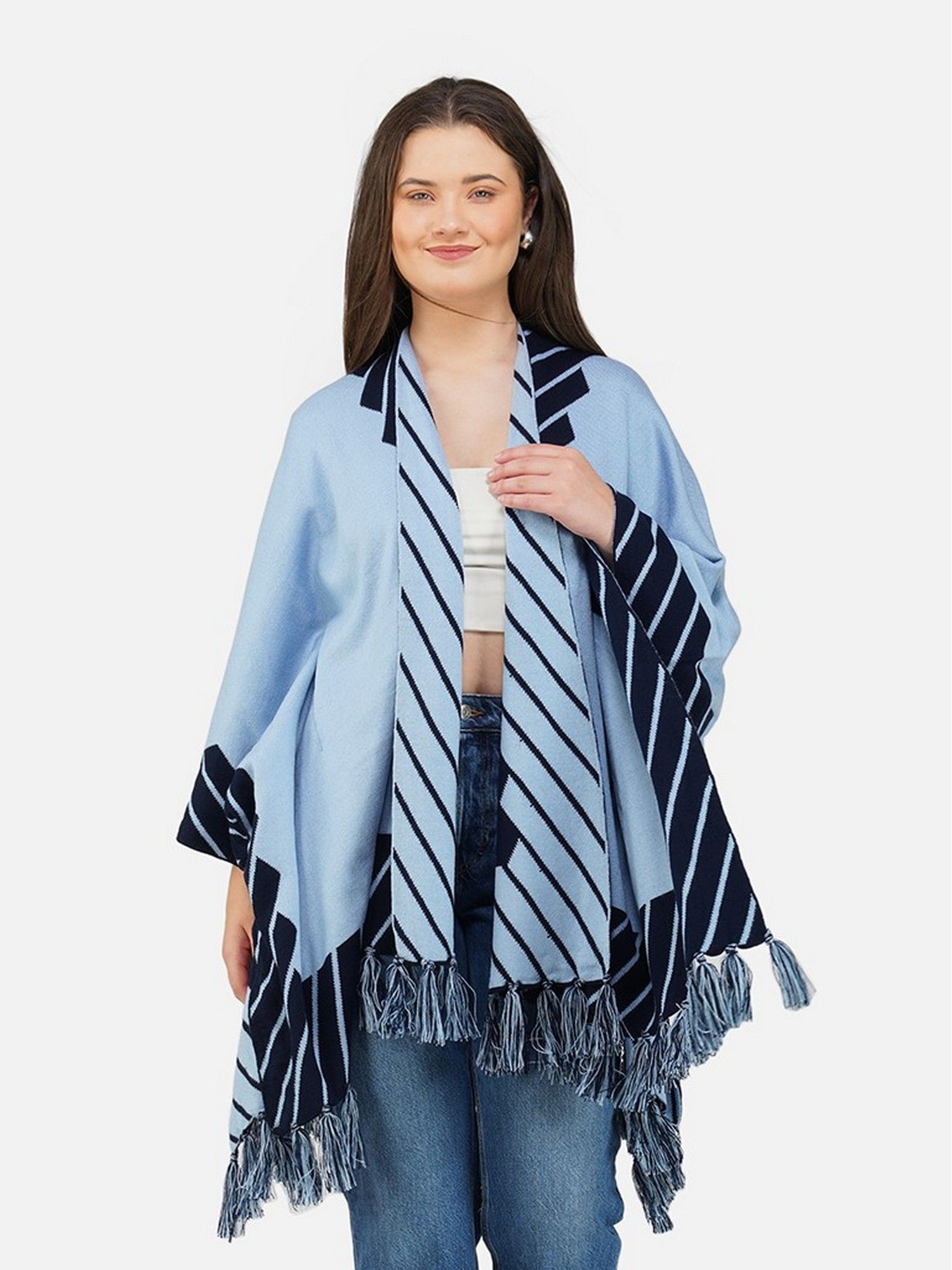 joe hazel Women Monochrome Striped Open Front Poncho - Sky Blue-picture-23