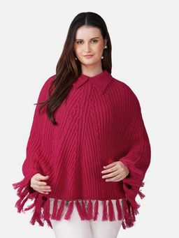 JOE Hazel - Women Cable Knit with Fringe and Shirt Collar Poncho - Pink