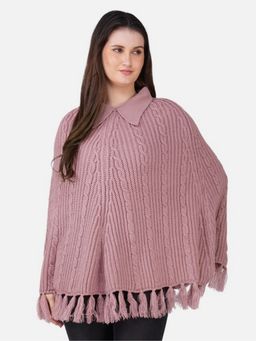 JOE Hazel - Women Lavender Cable Knit with Fringe and Shirt Collar Lavender Poncho