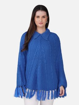 JOE Hazel - Women Cable Knit with Fringe and Shirt Collar Poncho - Royal Blue