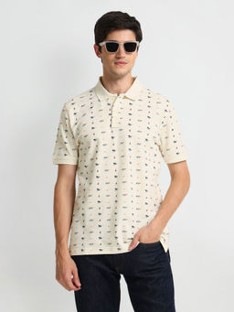 Arrow Sports - Beige Ribbed Collar Printed Polo T-Shirt