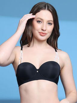 PrettyCat - Lightly Padded Underwired Sexy Balconette Bra with Pearls Strap Black