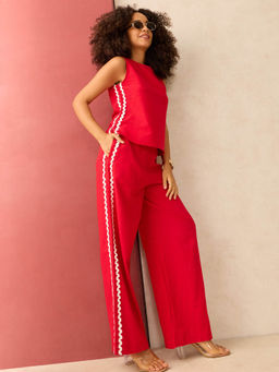 Outzidr - Women Cotton Red Boat Neck Co-Ord Set