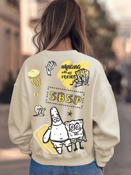 Bewakoof - SpongeBob Women's Beige Friends Forever Graphic Printed Oversized Sweatshirt