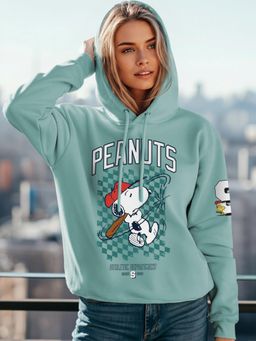 Bewakoof - Women's Cyan Peanuts Athletic Department Graphic Printed Oversized Hoodies