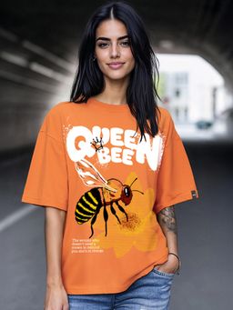 Bewakoof - Women's Orange Queen Bee Graphic Printed Oversized T-shirt