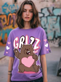 Bewakoof - Heavy Duty 1.0 Cartoon Network Women's Purple Grizz Love Graphic Printed Oversized T-shirt