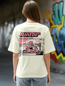 Bewakoof - Women's Off White Hyper Drive Graphic Printed Oversized T-shirt